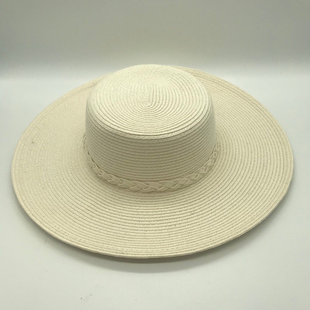 Charter Club Womens Wide Brim Braided Band Woven Floppy Sun Hat One Size Cream